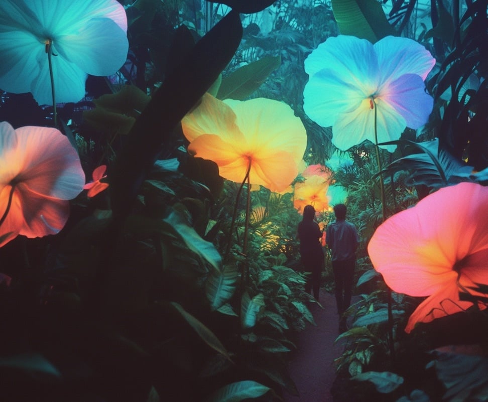 Two people walk along a lush jungle path surrounded by oversized, glowing flowers in neon hues of pink, yellow, blue and orange, creating a dreamlike, immersive atmosphere 