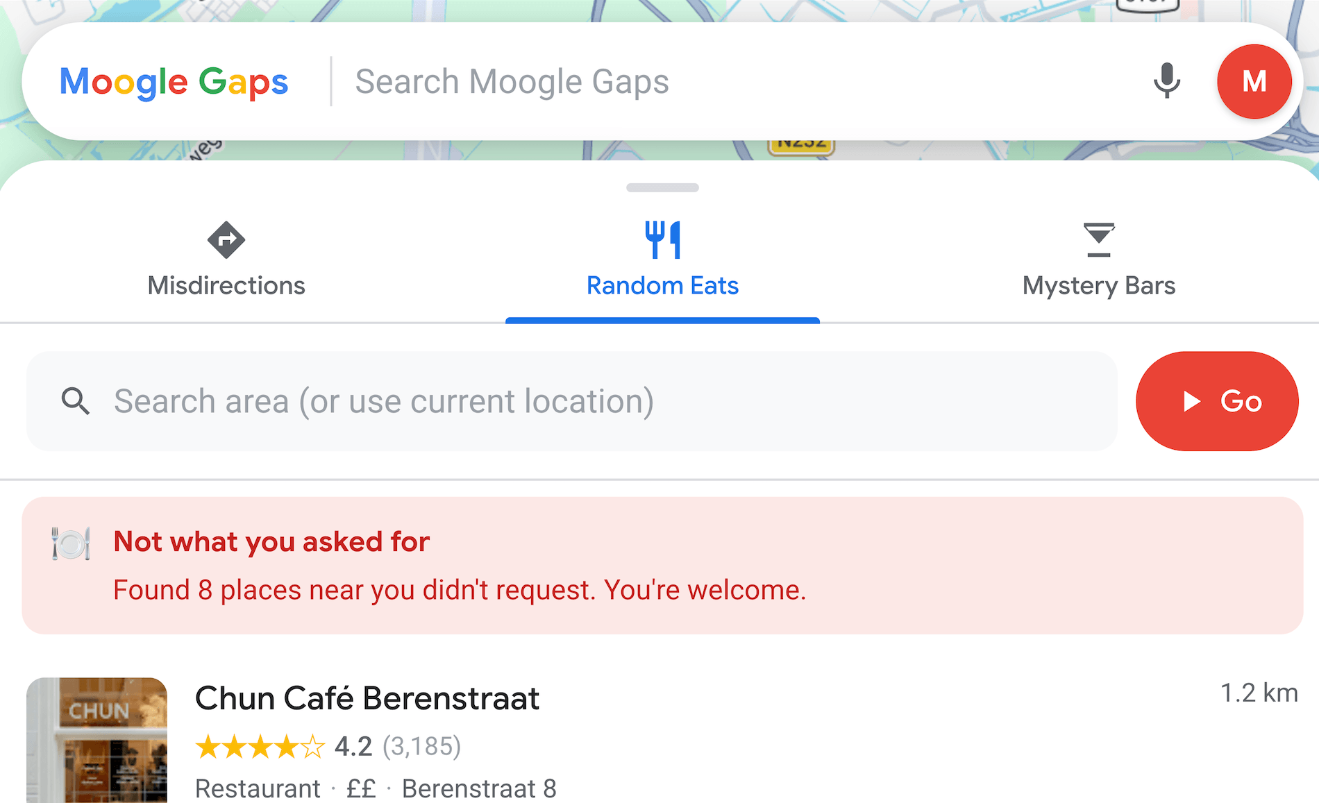 Screenshot of the Moogle Gaps app interface showing a map background, three navigation tabs labeled Misdirections, Random Eats and Mystery Bars, a location search field, and a pink banner reading 