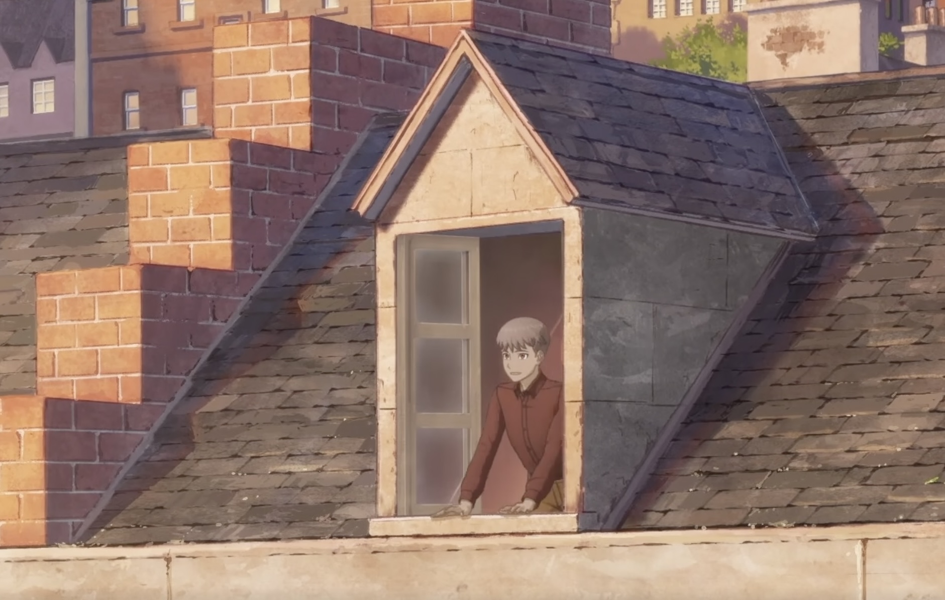 Screen capture from the anime series Leviathan, showing a young man leaning on the windowsill of an open window, looking out 