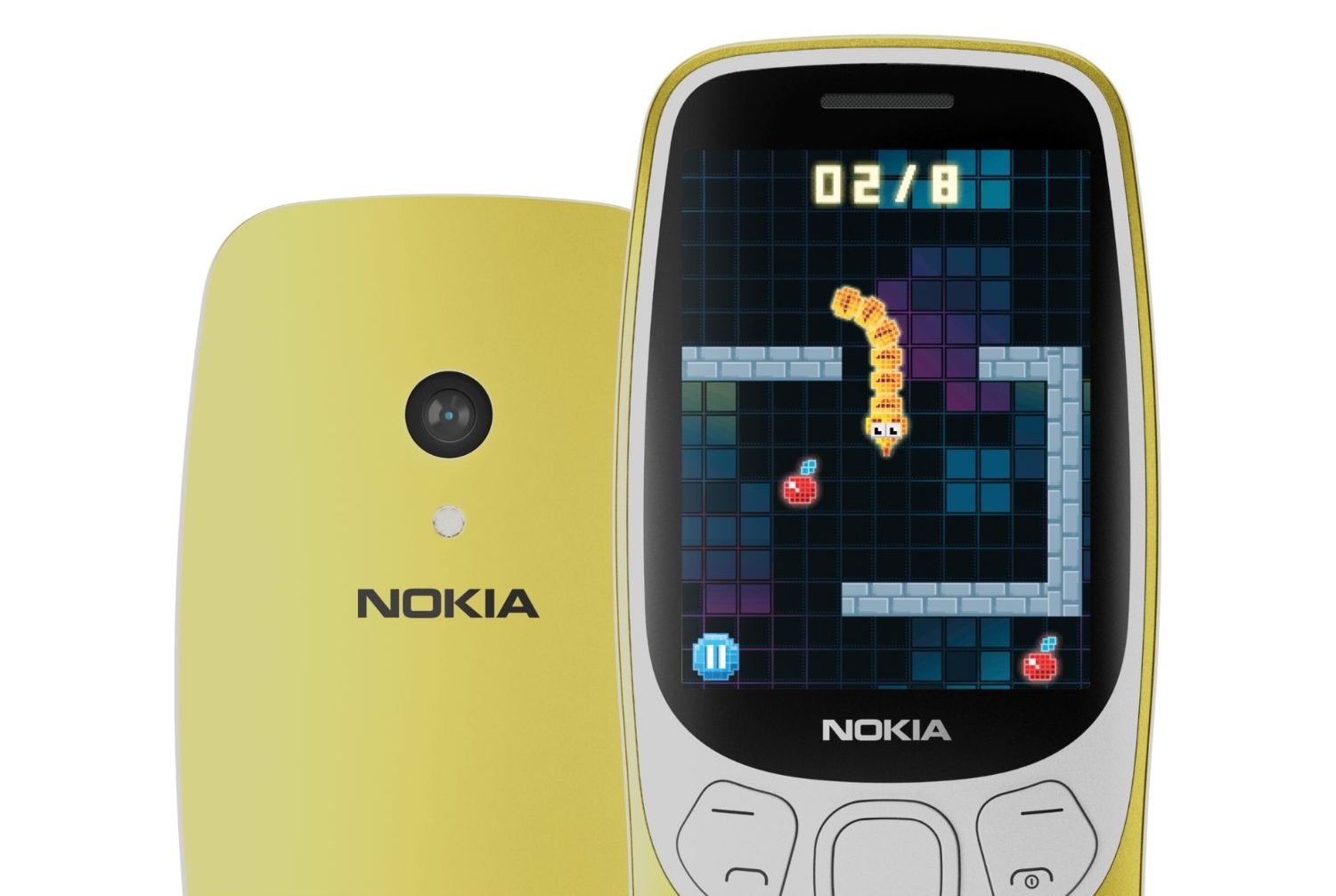 Image of yellow Nokia 3210. Shown on its display is the game Snake 