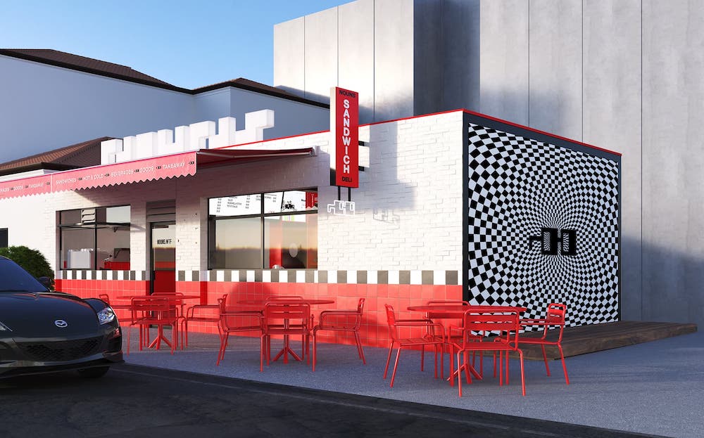 Artist's rendition of the red, black and white exterior of a Nouns deli