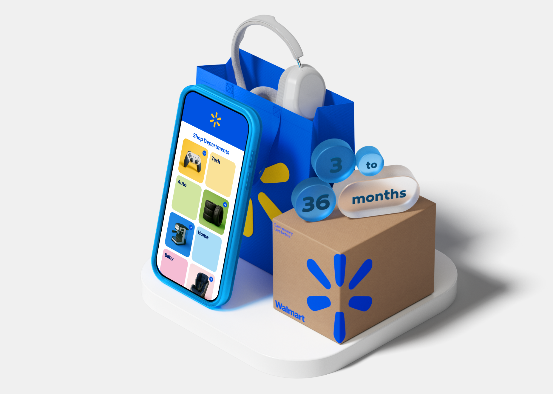 3D illustration of Walmart OnePay shopping: a smartphone showing the Walmart app beside a blue Walmart shopping bag with headphones inside, and a Walmart-branded box labeled ‘3 to 36 months,’ suggesting installment payments or buy-now-pay-later 