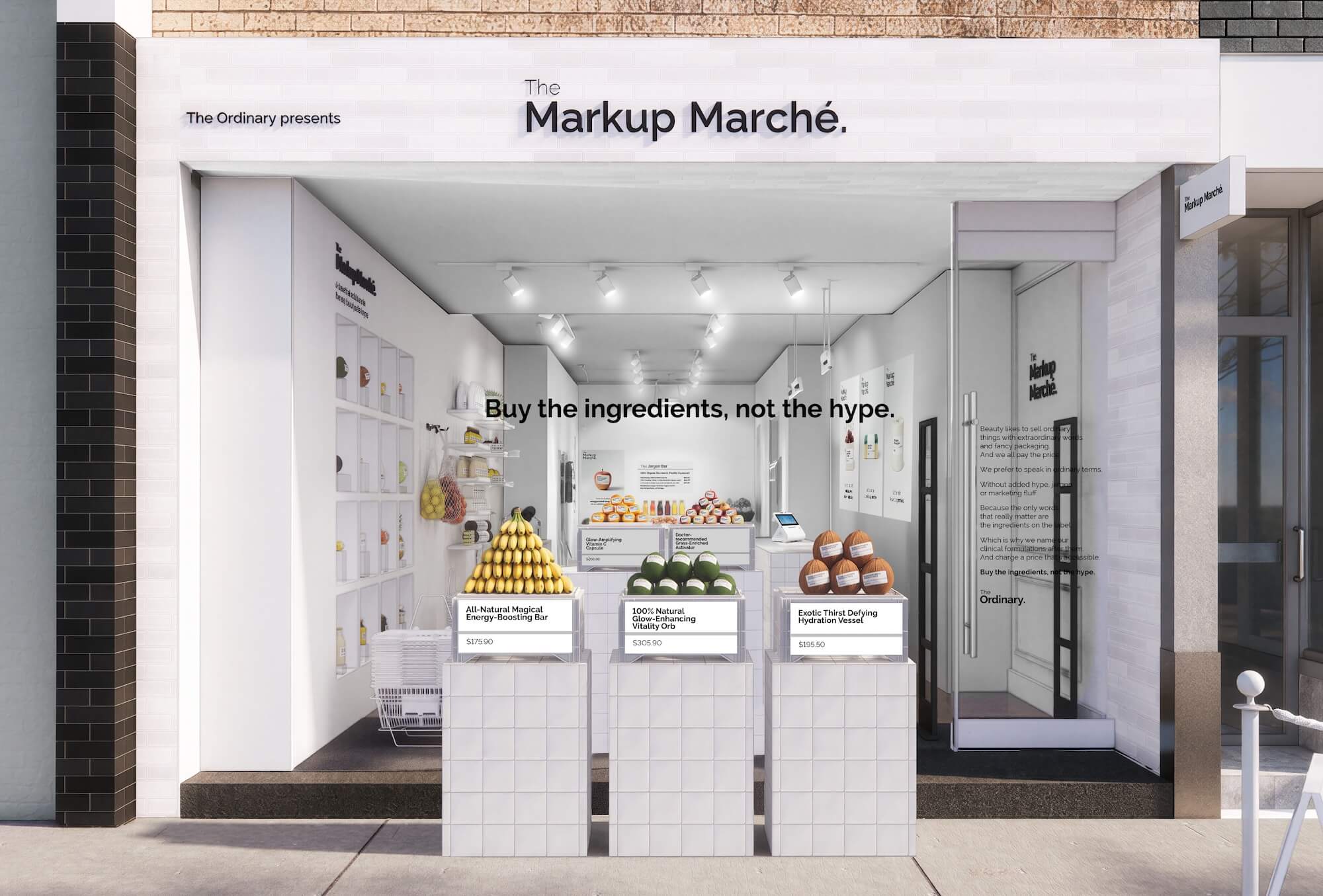 The exterior of The Markup Marché pop-up store by The Ordinary, with bananas, avocados, and coconuts displayed on white plinths under price tags bearing absurd beauty-style product names and prices above $175 