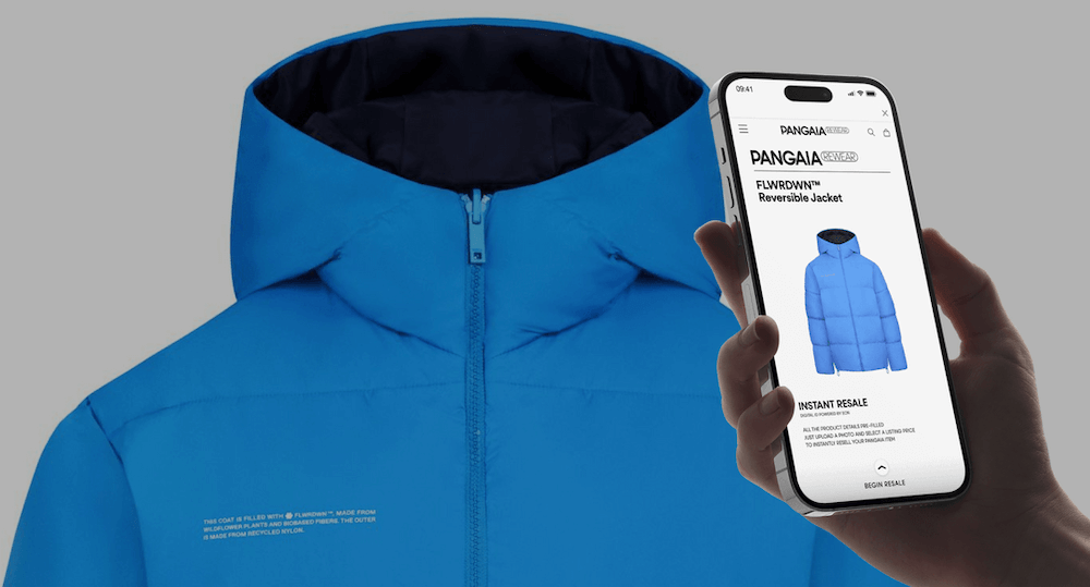 A blue, hooded jacket along with the same item shown on a phone screen
