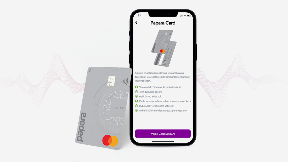 A phone showing Papara's app, alongside a debit card