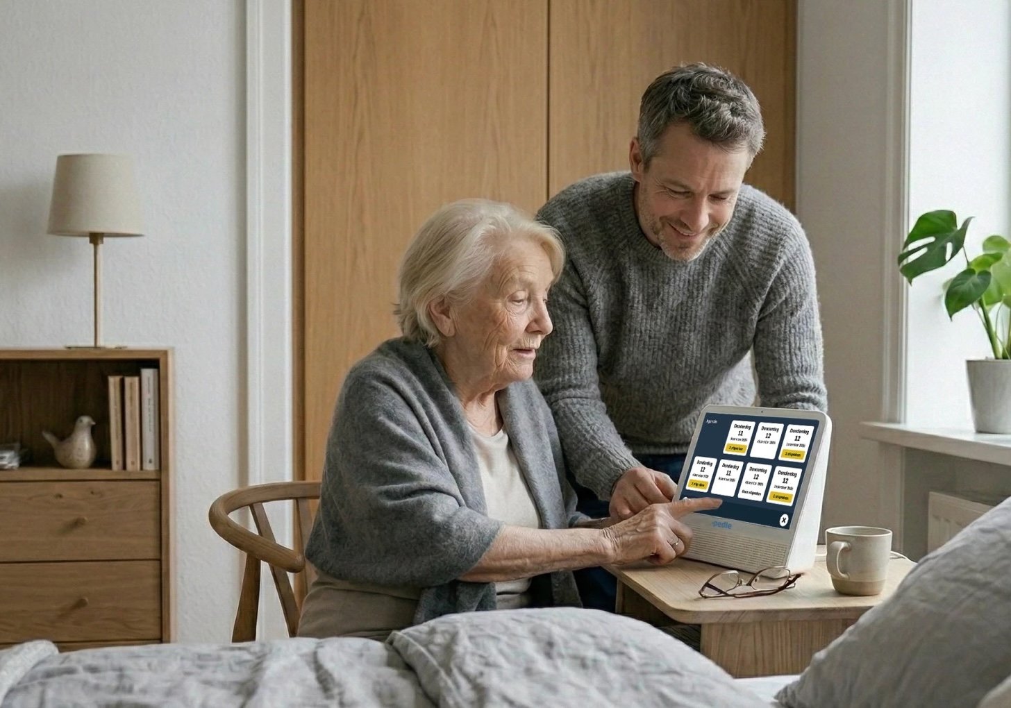 An elderly woman sits at a bedside table using a Pedle computer displaying a weekly calendar grid, while a middle-aged man stands behind her looking at the screen 