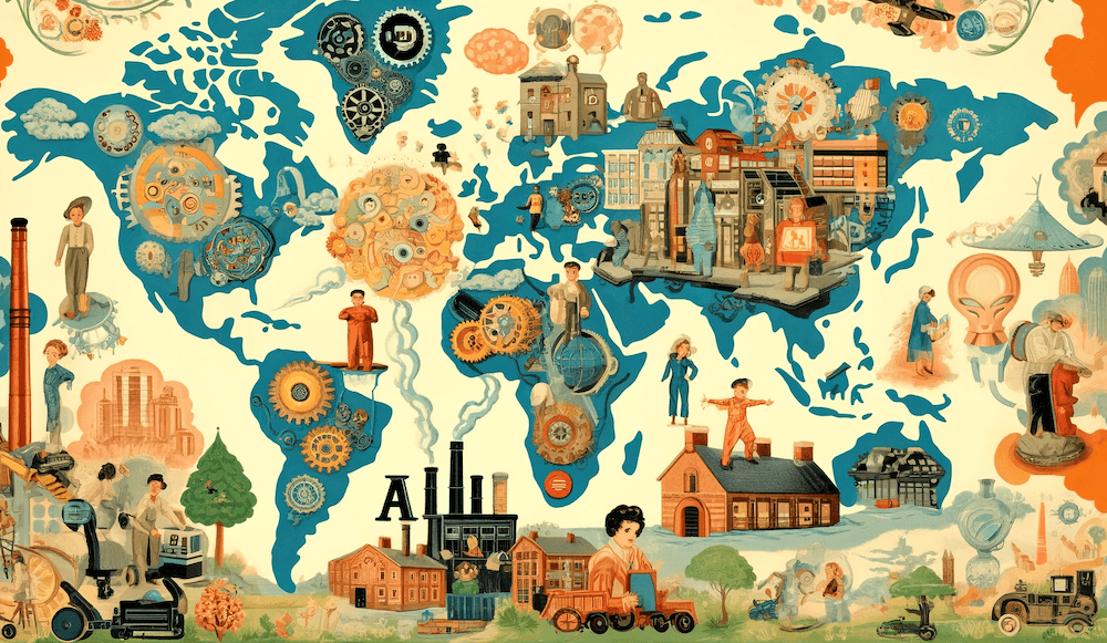 Map of the world featuring various jobs, in a vintage children's book style. Created by DALL·E 
