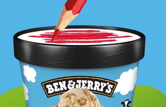 Red pencil coloring in the lid of a Ben & Jerry's pint 