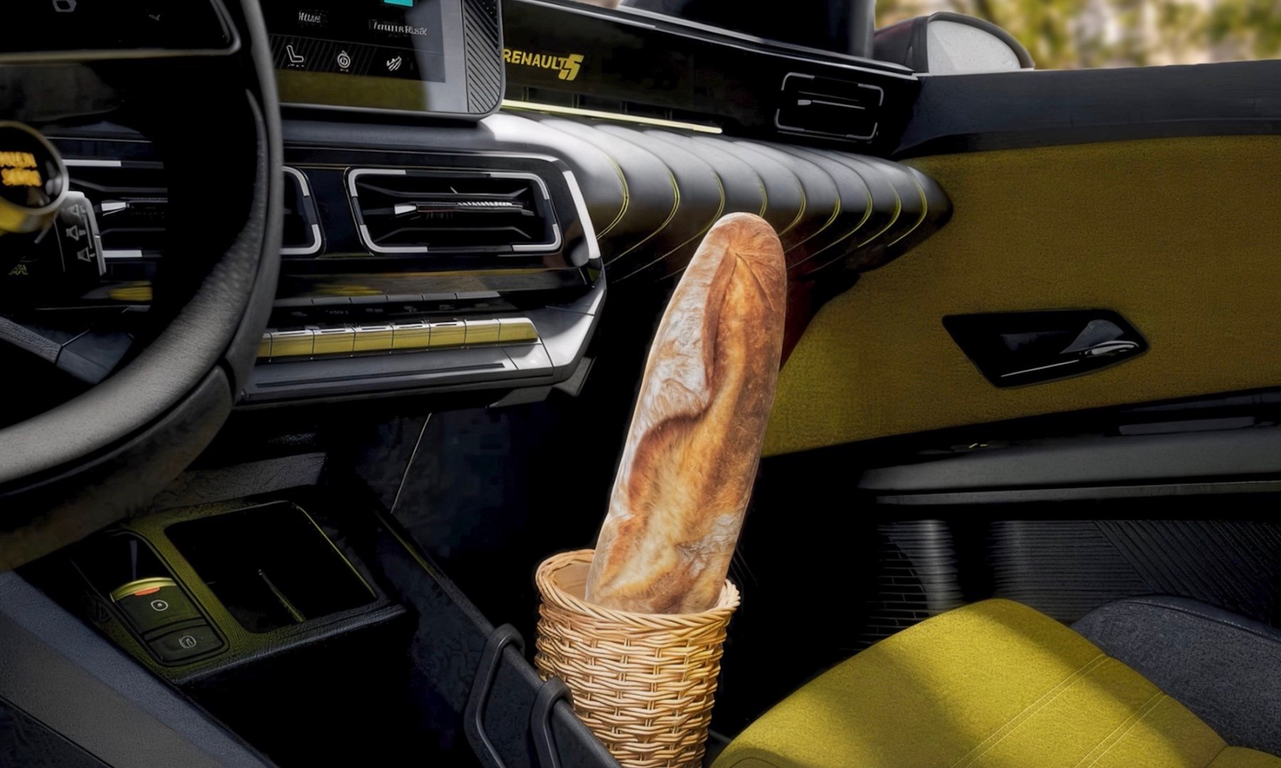 Interior of a modern Renault car, showing a wicker basket in the center console holding a single long baguette upright 
