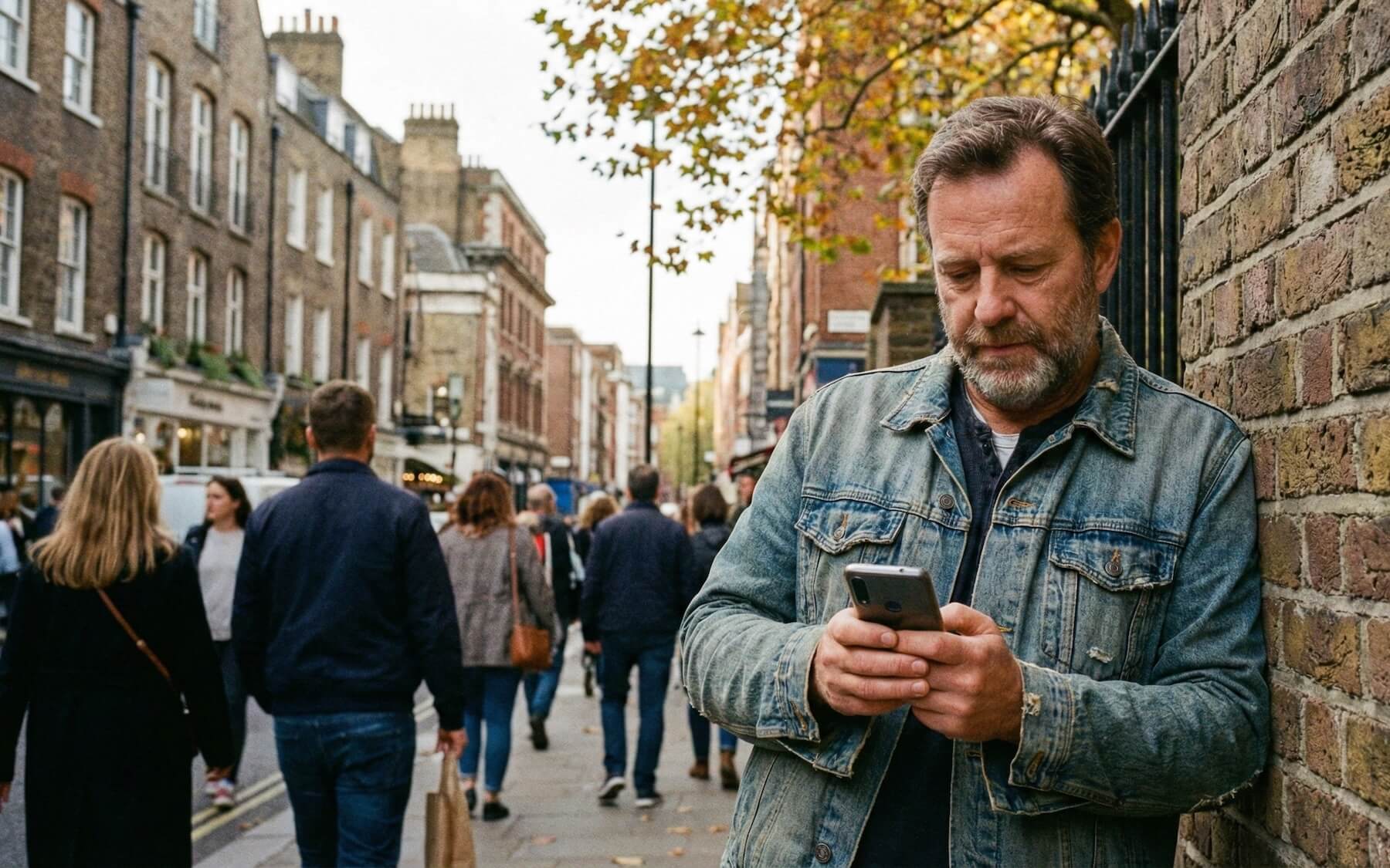 A middle-aged man in a denim jacket stands against a brick wall on a busy urban street, looking down at his smartphone. Pedestrians walk past him on the sidewalk, with autumn trees and traditional British buildings visible in the background 