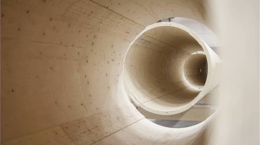 View inside hollow, cylindrical wooden tower segments