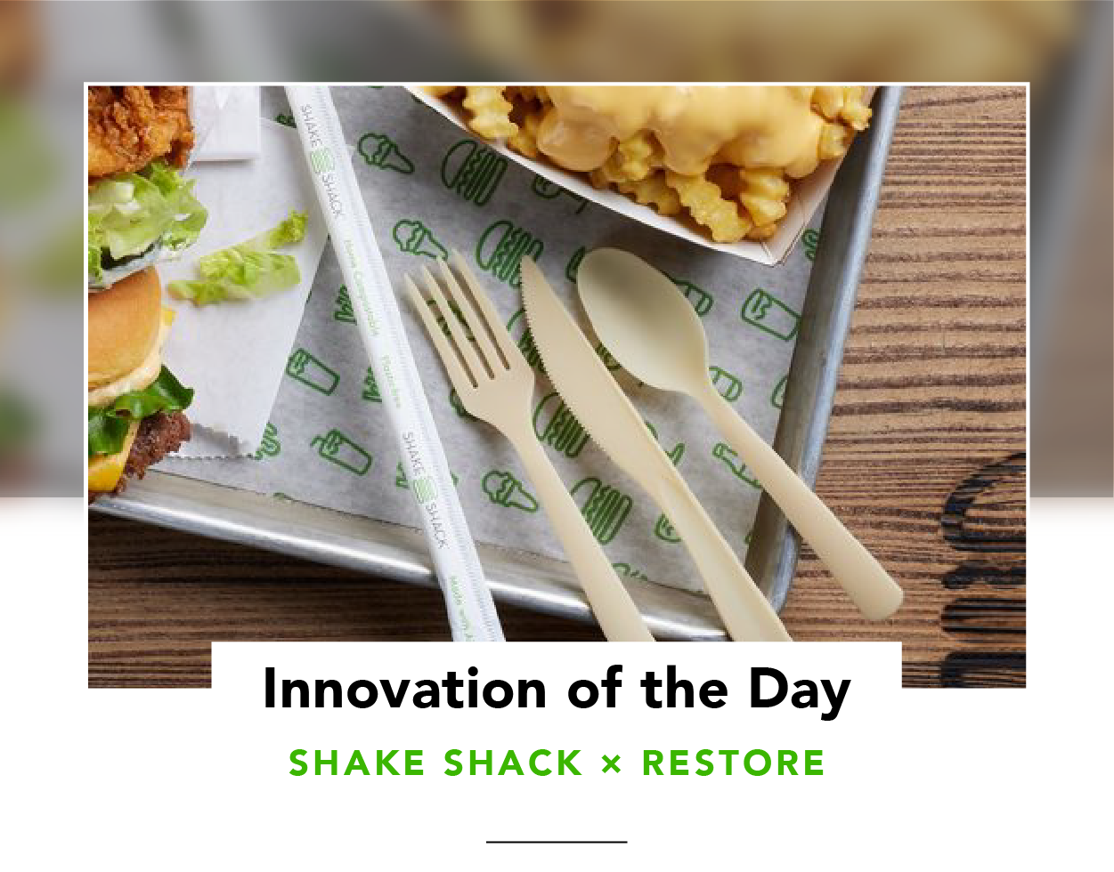 Food plus single-use cutlery and a straw, on a Shake Shack tray