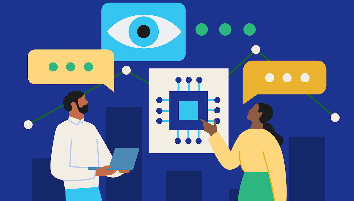 Illustration by Slack of two people interacting with AI/tech symbols 