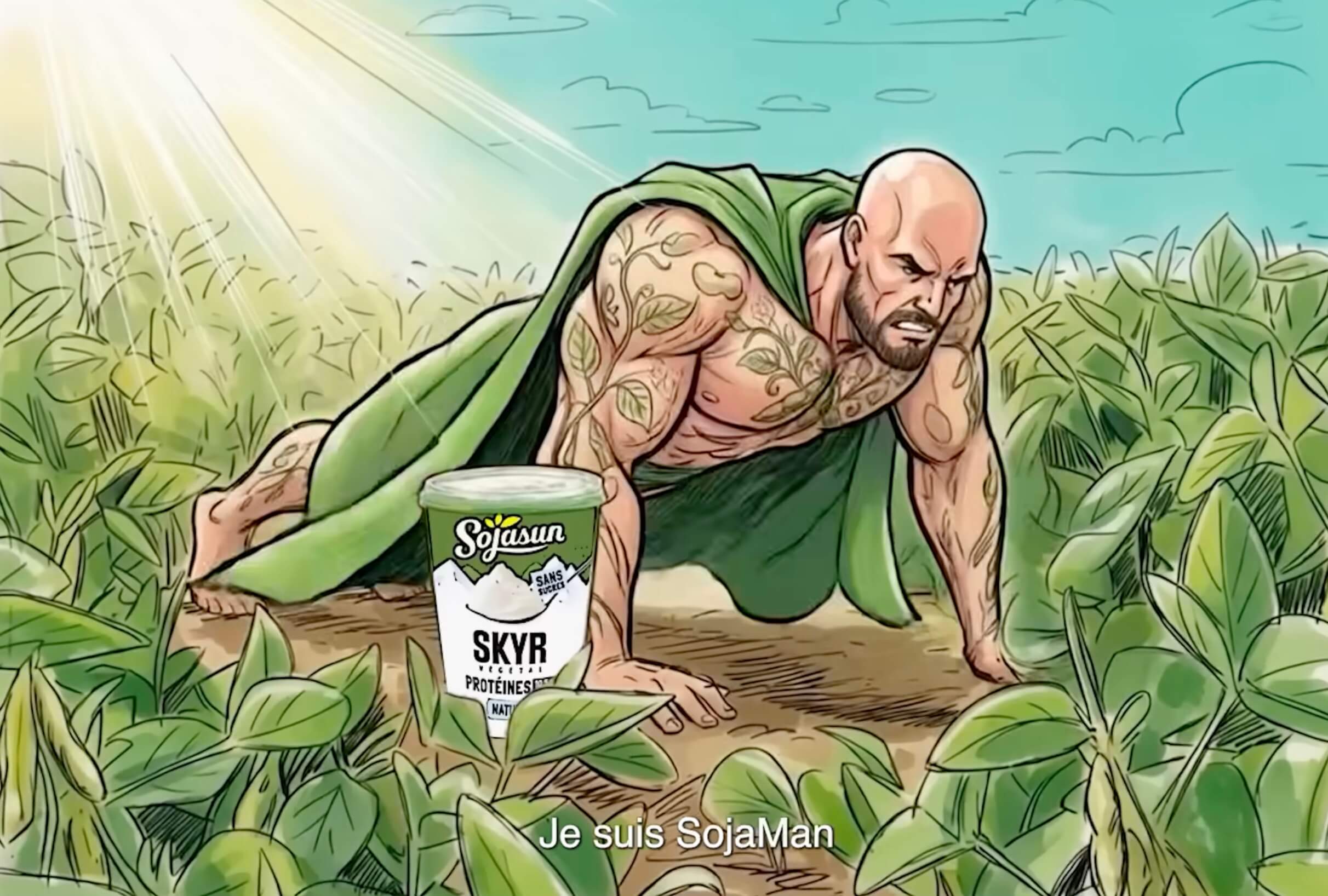 Illustrated muscular bald man with a beard crawling through a soybean field, draped in a green cape, leaf vines tattooed across his torso, with a Sojasun Skyr protein yogurt tub beside him and the closed caption text 