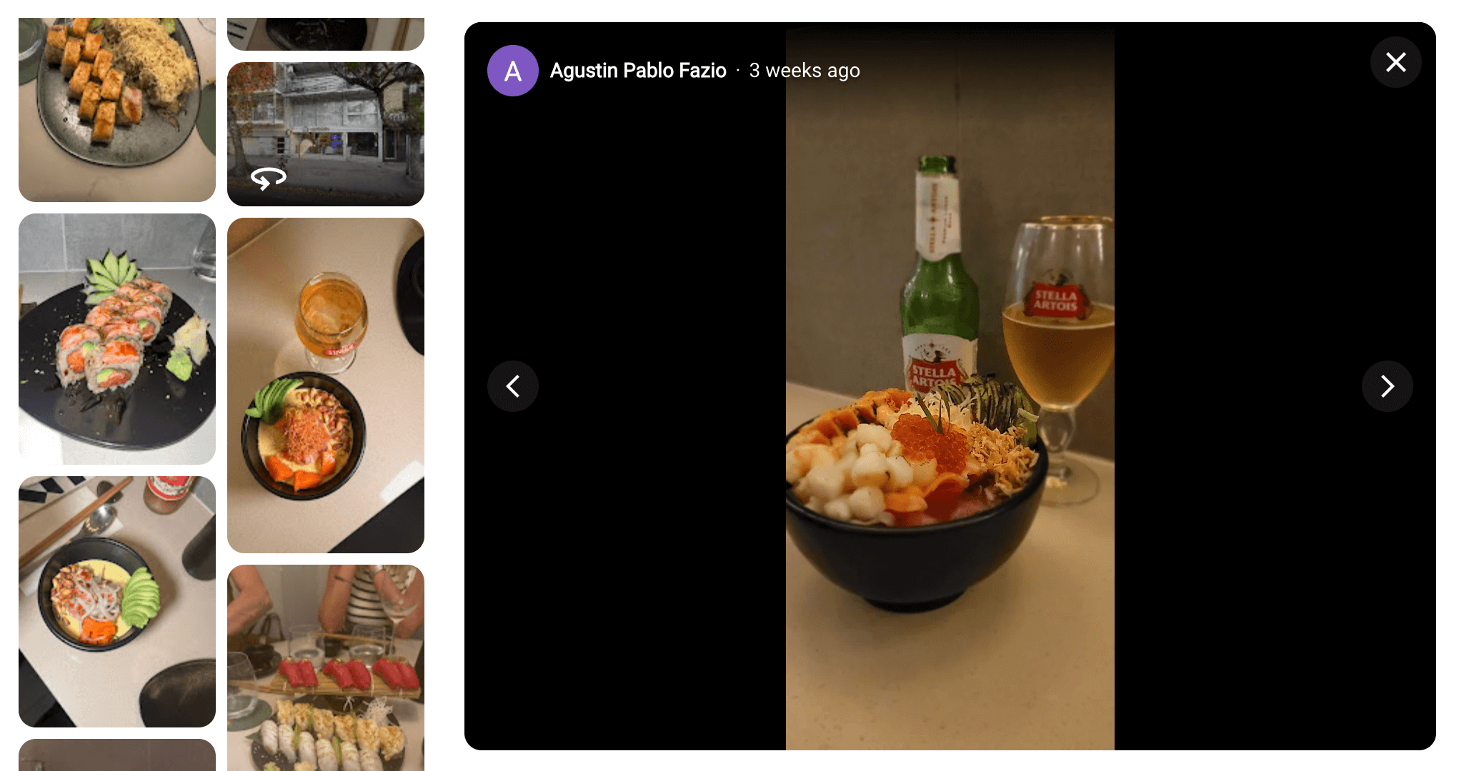 From a Google Maps review, a close-up of a black bowl filled with mixed sashimi. Behind it sit a chilled Stella Artois bottle and a matching glass filled with beer 