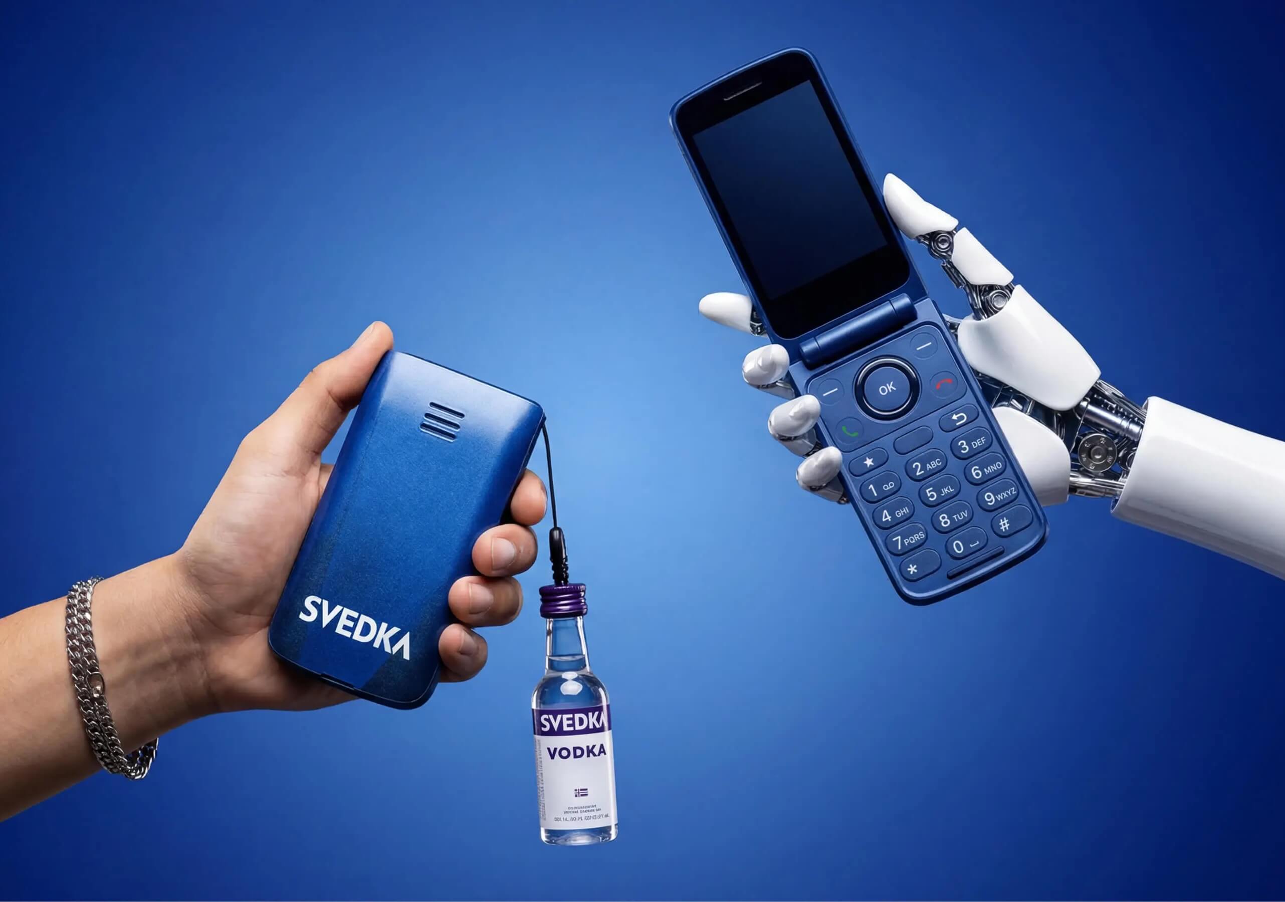 A human hand and a white robot hand each hold a blue SVEDKA-branded flip phone, one closed and one open, with a mini bottle of SVEDKA vodka dangling between them against a blue background 
