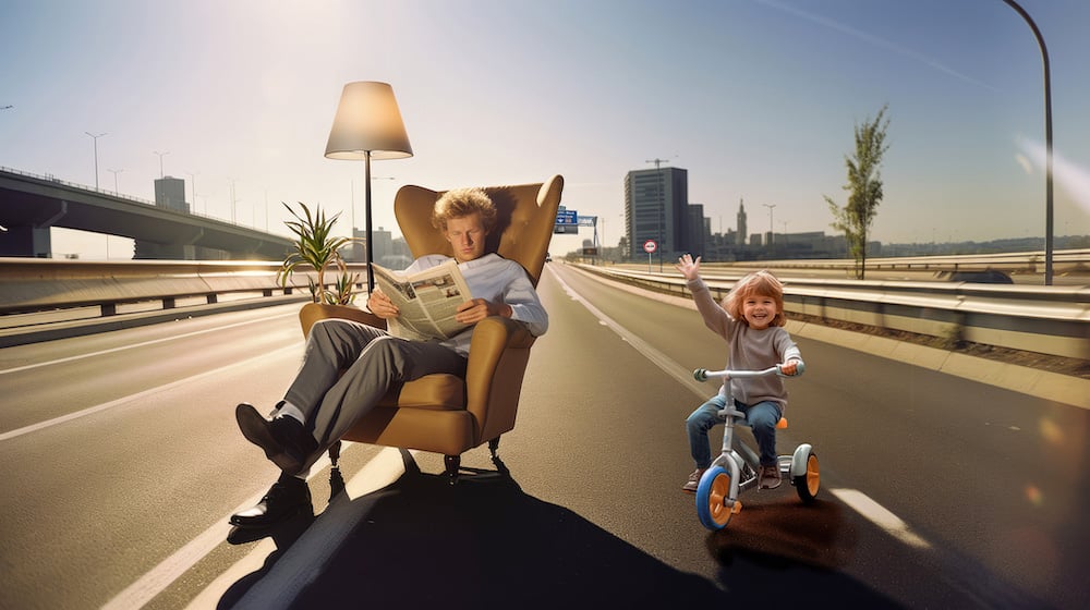 Man in armchair in middle of highway reading newspaper, plus young child on tricycle
