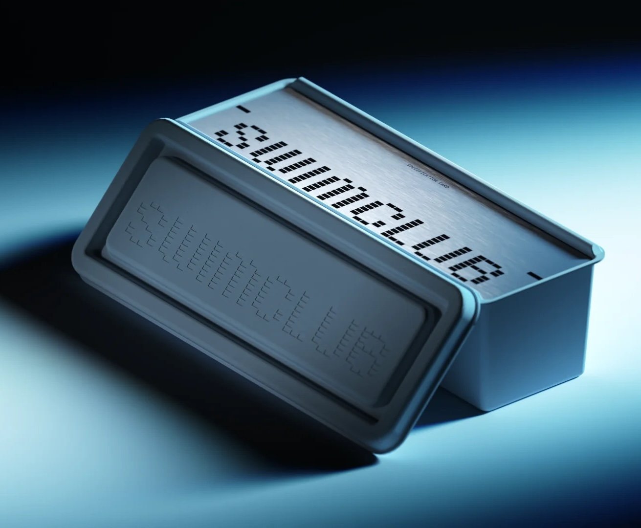 A sleek, metallic product box with the word 