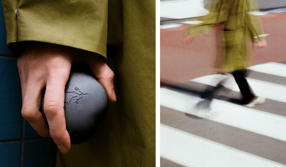 Two images: one showing a hand holding a pebble-shaped device, the other a woman in motion
