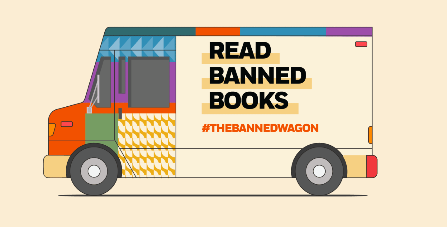 Illustration of a colorful truck with the text 'Read banned books'