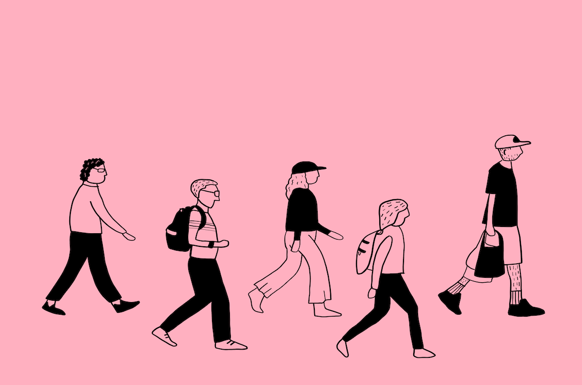 Illustration of a group of people walking in the same direction 