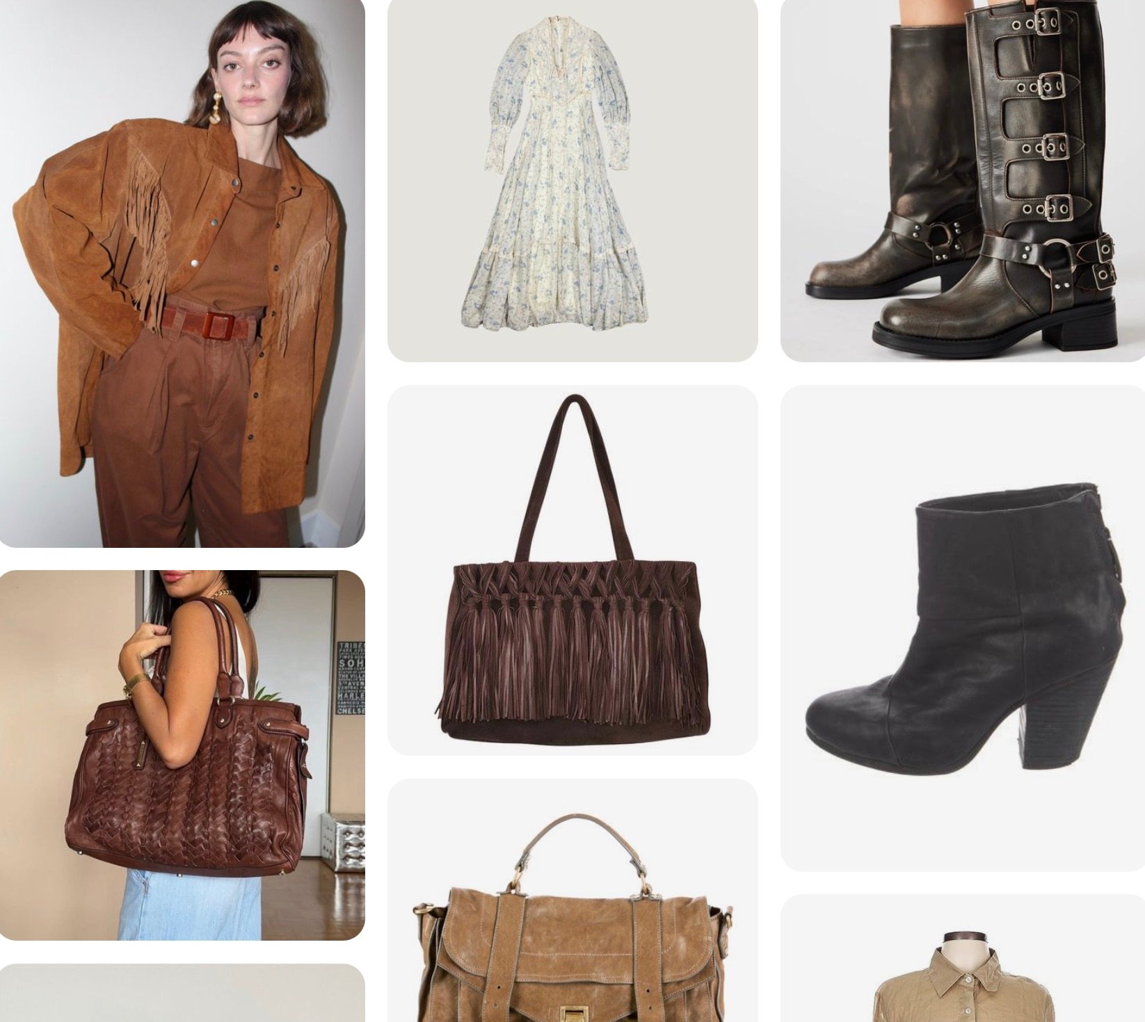 Collage of vintage and secondhand fashion items from Pinterest’s Thrift Shop, including a brown fringed suede jacket, floral maxi dress and leather boots 