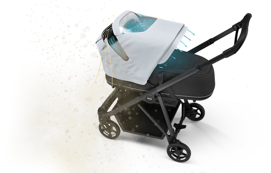 Baby stroller with graphics showing pollutants being trapped