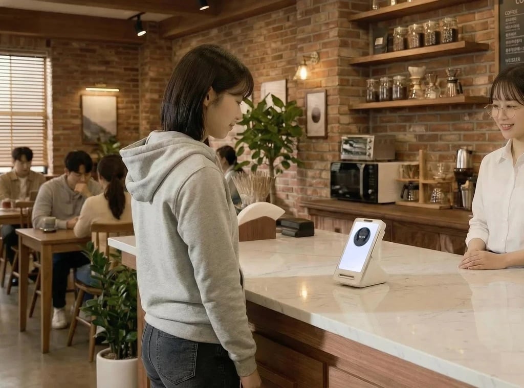 A young woman in a grey hoodie stands at a café counter, looking at a small Toss Facepay terminal while a barista waits to take her order 