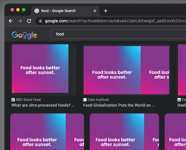 Google search screen with all images of food hidden by a graphic reading 'Food looks better after sunset'