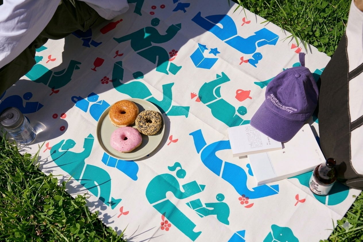 Overhead view of a picnic blanket spread on grass, with a plate of doughnuts, an open book, a purple cap and a bottle resting on it 