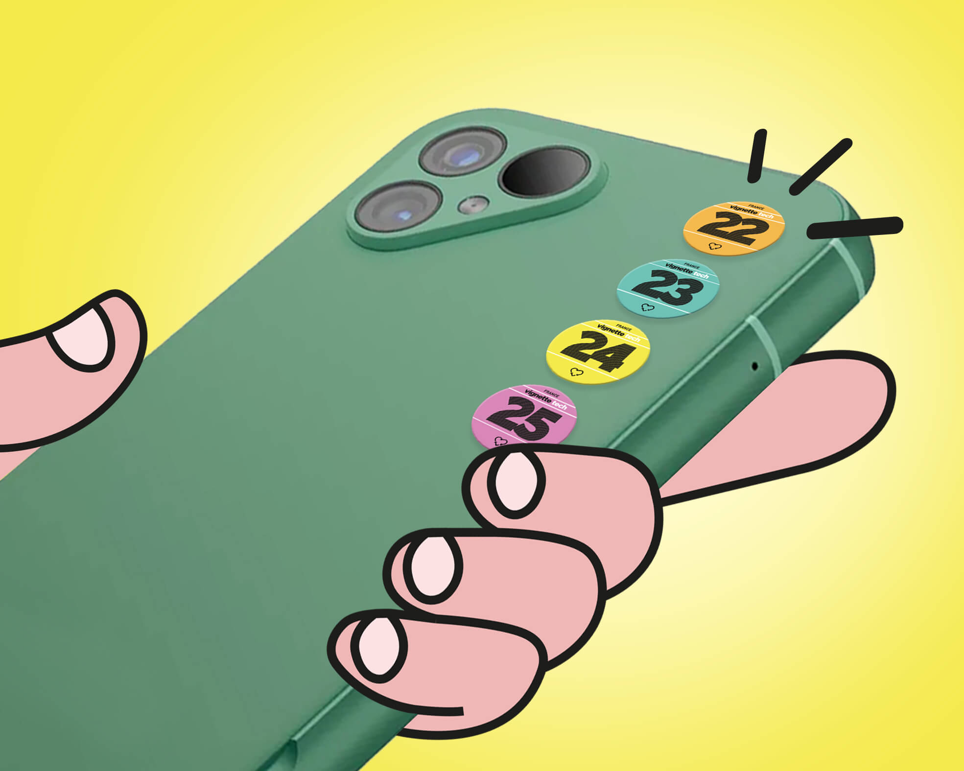 Illustration of a hand holding a green smartphone against a yellow background, with colorful, round stickers numbered 22, 23, 24 and 25 placed on the back of the phone 