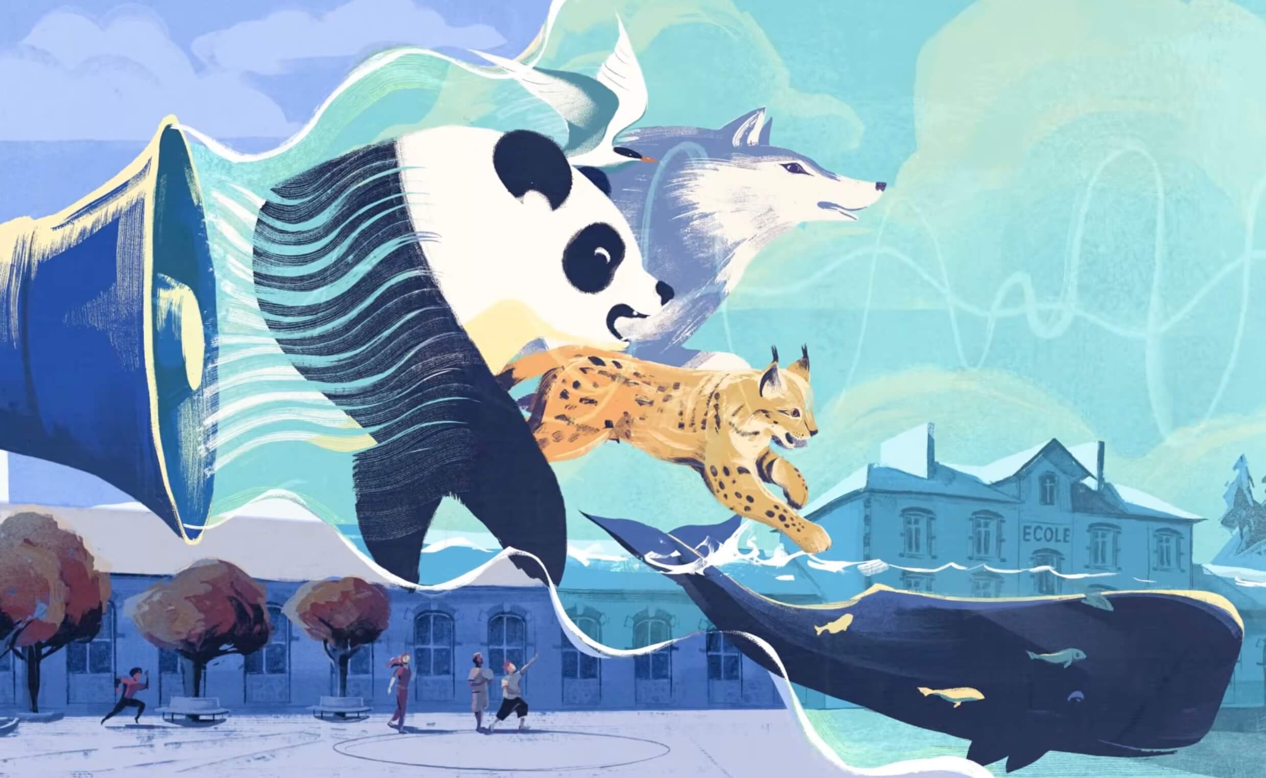 Illustration of a panda, wolf, lynx, whiskered tern and sperm whale emerging from a school loudspeaker above a schoolyard with children at play and a building marked 