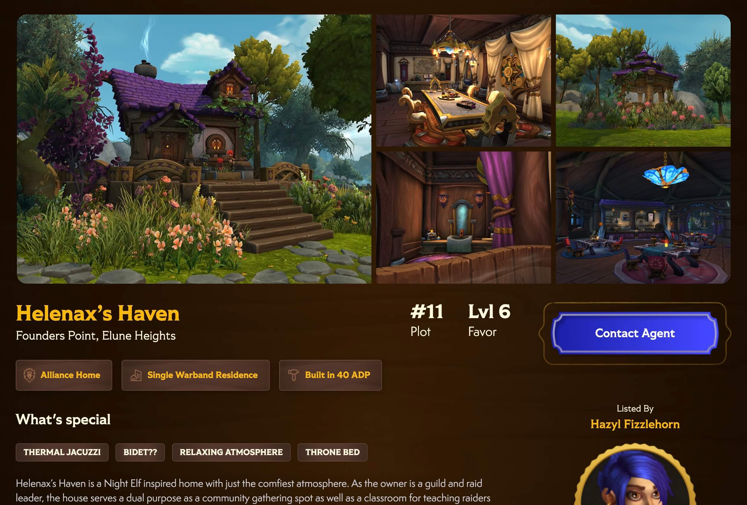 Screenshot of the Zillow for Warcraft microsite showing a listing for a Night Elf-inspired home called Helenax's Haven, with exterior and interior photos, feature tags, and a Contact Agent button styled in World of Warcraft's fantasy aesthetic 